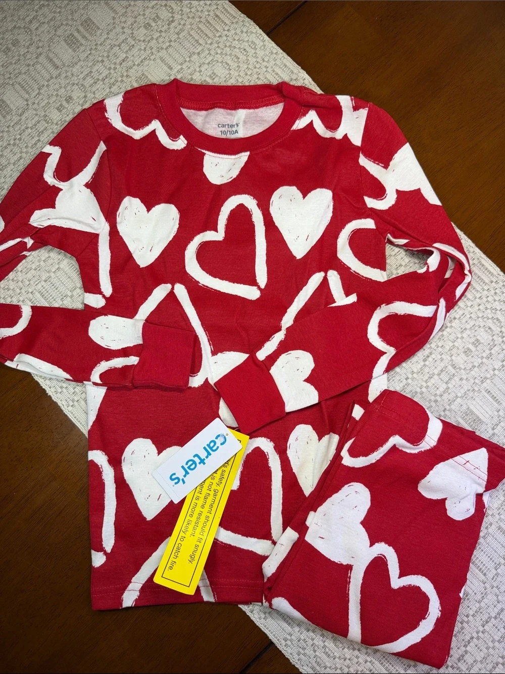 Girl’s Carter's Red Pajama Set with White Heart Print